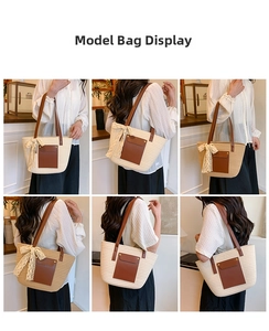 Detailed views of summer straw tote bag with brown leather pocket and lace bow detail