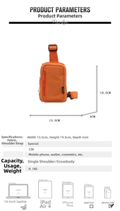 Detailed size specifications for a lightweight orange crossbody phone bag with compartments