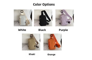 Detailed color selection showing five nylon chest bags in white black purple khaki and orange
