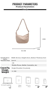 Detailed size chart for corduroy hobo bag showing measurements and capacity info