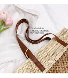 Detailed texture of woven straw tote bag with premium brown leather handles and stitching
