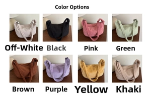 Collage of crescent corduroy bags showing eight colors with adjustable straps