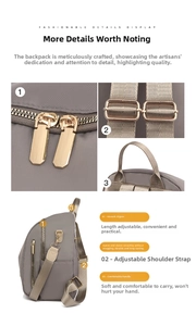 Détails des fermetures éclair dorées et des sangles réglables sur le sac à dos gris Oxford