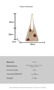 Tableau des tailles montrant les dimensions et spécifications du sac cabas en tricot fleuri