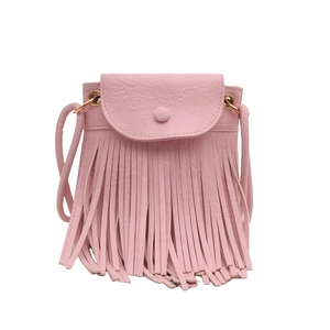 Pink vintage fringe crossbody bag for women with tassel fringe and pebble grain texture