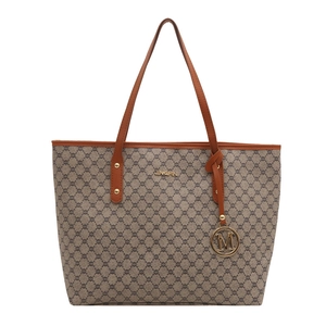 Große braune Vintage-Monogramm-Einkaufstasche mit Goldlogo und Schultergurten für Damen