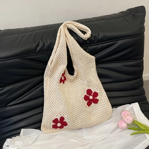 Flower Knitted Shoulder Bag Hollow Out Crochet Floral Tote Large Capacity Handbag Retro Pastoral Casual Style For Women
