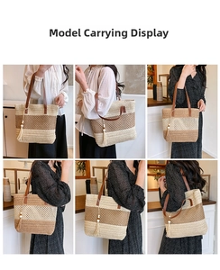 Lifestyle views of a multi-color striped straw woven tote bag with leather straps and tassel