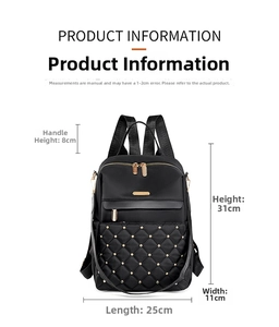 Detailed size chart showing dimensions of the quilted backpack with gold rivet accents