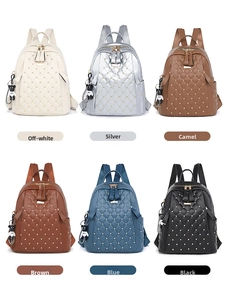 Detailed grid showing six quilted PU leather backpacks with bear charms in various colors