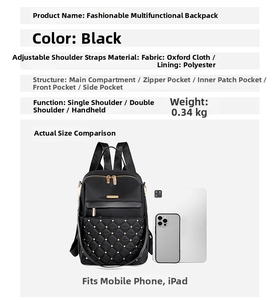 Detailed view of black quilted oxford backpack with size comparison to iPad and phone