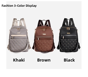 Detailed view of quilted nylon backpacks in khaki, brown, and black with gold rivets