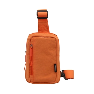 Orange minimalist crossbody sling bag with adjustable strap and fashion label detail