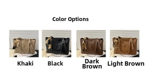 Tote bags displayed in khaki, black, dark brown, and light brown with silk scarves