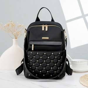 Fashion Women Backpack Quilted Diamond Pattern Gold Rivets Waterproof Nylon Large Capacity School Travel Rucksack Chic