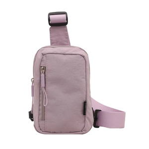 Lightweight lavender nylon crossbody sling bag with adjustable strap and multiple zippers