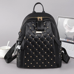 Women Fashion PU Leather Backpack Quilted Diamond Pattern With Gold Rivets Large Capacity Casual Travel School Bag