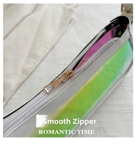Detail view of smooth metal zipper and iridescent side panel on white jelly baguette bag