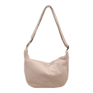 Light pink corduroy half-moon crossbody bag with adjustable strap and zipper closure