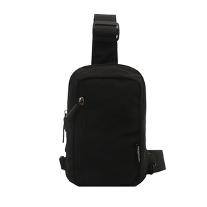 Minimalist black street style crossbody bag with adjustable strap and fashion label