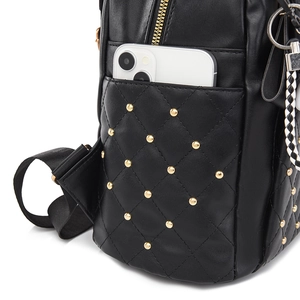 Black PU leather backpack with gold rivets and side pocket for phone storage