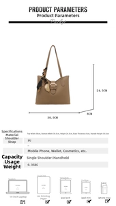Detailed size specifications of brown PU leather tote bag with silk scarf accessory