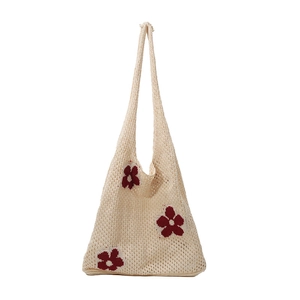 Sac fourre-tout rétro en tricot crème avec motifs floraux rouges pour plage et été