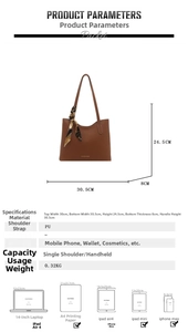 Dimensions détaillées du sac cabas en similicuir marron avec foulard et spécifications