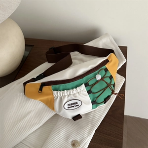 Sac Banane Patchwork Couleurs Contrastées Nylon Toile Cordon Poitrine Sac Bandoulière Style Harajuku Streetwear Femmes