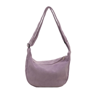 Minimalist lavender corduroy crescent crossbody bag with adjustable strap and zip closure
