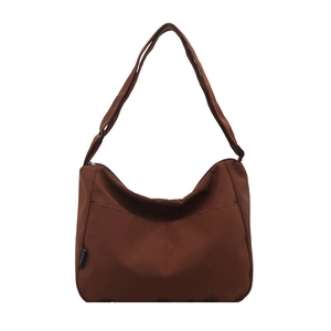 Large dark brown nylon hobo tote bag with adjustable strap and front V-shaped pocket