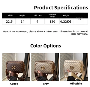 Detailed size specifications and multiple color variants of the vintage crossbody bag