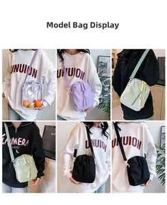 Collage of nylon and PVC crossbody bags in purple, green and black colors