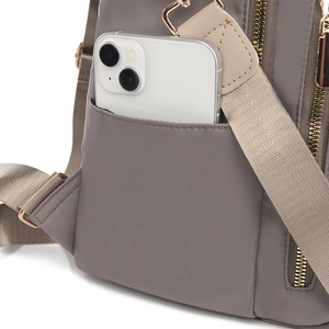 Sac à dos de voyage en nylon taupe avec poche arrière antivol pour smartphone