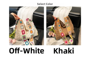 Detail view of cream and khaki crochet tote bags with floral granny square patterns