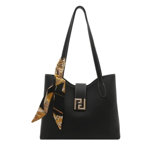 Chic black matte leather underarm bag with gold F buckle and floral scarf handle