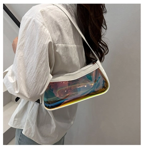 White underarm bag with iridescent holographic front panel shown on a model side view