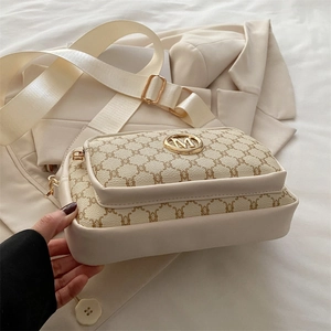 Borsa a tracolla retrò color tè al latte con motivo geometrico e tracolla larga