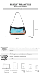 Detailed size chart for the transparent laser shoulder bag with 28.5cm width and 13.5cm height
