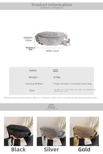 Tableau détaillé du sac banane en strass avec tailles et coloris argent or noir