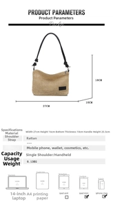 Dettagli borsa in paglia con dimensioni 27x16x10cm e manico con nastro nero decorativo