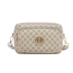 Vintage cream crossbody bag with gold M-logo, monogram pattern and wide shoulder strap