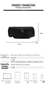 Detailed dimensions of a black nylon crossbody bag showing 29x18x9cm size and strap length