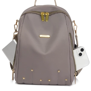 Sac à dos en nylon taupe avec étoiles dorées et multi-fermetures pour femme et voyage