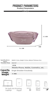 Detailed size chart for bow crossbody bag showing dimensions 31.5x14.5x9cm and capacity