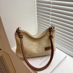Borsa Hobo In Paglia Intrecciata Da Donna Vacanze Estive Al Mare Borsa A Spalla Mezzaluna Con Tracolla Nodo In Pelle PU