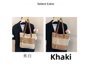 Detail of woven straw tote bags with leather straps and decorative tassel accents