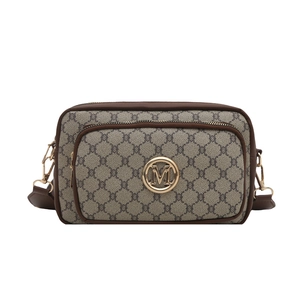 Retro monogram crossbody bag with gold M logo and wide shoulder strap in brown