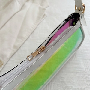 White holographic shoulder bag with transparent panel and gold zipper for summer fashion