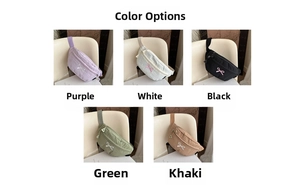 Bow embroidery canvas waist bags shown in purple, white, black, green and khaki